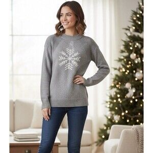 Talbots Womens Gray Snowflake Sweater XS Holiday Winter Snow Crew Pullover